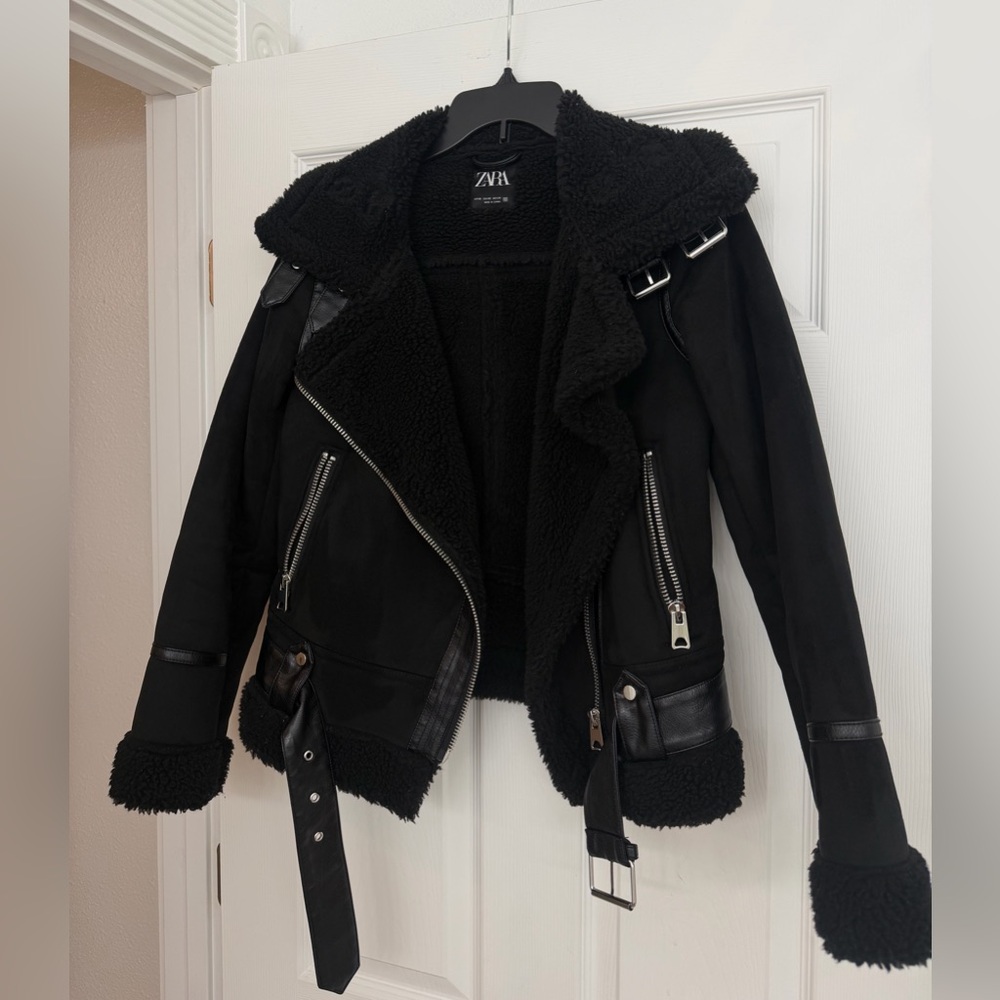 Zara Black Faux Suede Fur Shearling Moto Sherpa Liked Biker Jacket - XS
